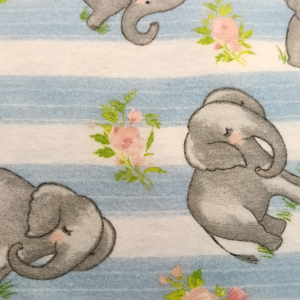Cute Elephants w/ Floral on Blue Stripe Flannel